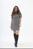 Kısa Kol Kırçıllı Triko Elbise - Siyah-Ekru thumbnail 3