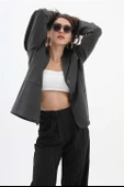 Kadın Kruvaze Yaka Oversize Blazer Ceket - Antrasit - 3