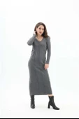 V Yaka Pis Dikişli Triko Elbise - Antrasit thumbnail 3
