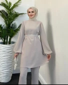 24Y4263 TAKIM TUNİK PANTOLON BALON KOL BELİ İNCİ KEMERLİ - 5