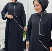 24Y4510 ELBİSE ABİYE YAKA KOL TAŞLI ÖNÜ PARÇA DETAY - 3