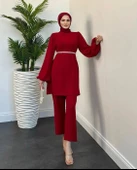 24Y4263 TAKIM TUNİK PANTOLON BALON KOL BELİ İNCİ KEMERLİ - 1