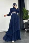 24Y4521 ELBİSE ABİYE ŞİFON ÖNÜ PİLELİ ETEĞİ KATLI BELİ TAŞLI - 5