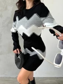 Kadın Uzun Kollu Zigzag Desen Triko Elbise - 1