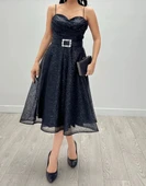 24Y1651 ELBİSE ABİYE MİDİ BOY PUL PAYET KUMAŞ BEL TAŞ KEMERLİ - 7