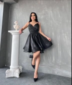24Y1611 ELBİSE ABİYE MİNİ İNCE ASKILI SİMLİ KUMAŞ KLOŞ ETEK - 1