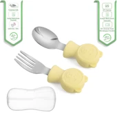 JOJOBEBEK Çocuk Silikon Saplı Paslanmaz Çelik Uçlu Çatal Ve Kaşık, Saklama Kutusu (SARI) - 1