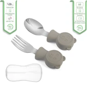JOJOBEBEK Çocuk Silikon Saplı Paslanmaz Çelik Uçlu Çatal Ve Kaşık, Saklama Kutusu (GRİ) - 1
