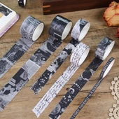 Vintage Washi Tape Bant Siyah Beyaz Yapışkanlı Maskeleme Kağıdı Desenli bant 10 lu -Eski Bina Harita - 5