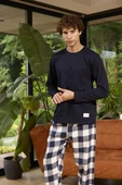 Kly 8058 Erkek Sıfır Yaka Ekose Uzun Kollu Pijama Takım - 1