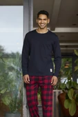 Kly 6028 Erkek Sıfır Yaka Ekoseli Uzun Kollu Pijama Takım - 1