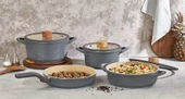 OMS 12050 - OYSTER - Pure CERAMIC - 7 Parça - Biogranit, Seramik Tencere Seti Antrasit Gövde-Ahşap Detay - 1