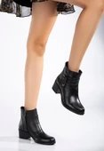Hakiki Deri Kadın Topuklu Bot Siyah Bağsız Yuvarlak Burun thumbnail 2
