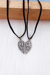 Gri Kalp Best Friends İkili Deri İpli Metal Hediyelik Kolye Takı - 3