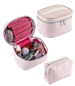 Seyahat Makyaj Organizeri Çok Fonksiyonlu Kozmetik Çantası Suni Deri - 2'li Set Açık Pembe - 1