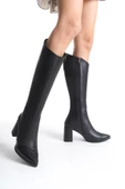 Across Siyah Rugan Kalın Topuklu Sivri Burun Çizme - 1