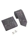 Brianze Gri Şal Desen Kravat Mendil Kol Düğmesi Hediyelik Set thumbnail 3