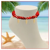 Mercan Doğal Taş Yaprak Objeli Kadın Halhal - 1