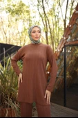 O Yaka Kısa Tunik Pantolon Sade İkili Tesettür Eşofman Takımı - 71219.028 - Kahverengi thumbnail 2