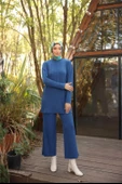 O Yaka Kısa Tunik Pantolon Sade İkili Tesettür Eşofman Takımı - 71219.006 - İndigo thumbnail 5