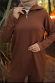 Fermuar Yaka Sade Sweat İkili Takım - 71221.028 - Kahverengi thumbnail 6
