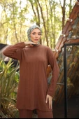 O Yaka Kısa Tunik Pantolon Sade İkili Tesettür Eşofman Takımı - 71219.028 - Kahverengi thumbnail 3