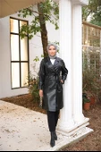 Kruvaze Yaka Cepli Belden Bağcıklı Deri Trençkot - 71212.003 - Siyah - 1