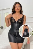 RUKOD Kadın Siyah Büyük Beden Lame Deri Kolsuz Ip Askılı Pileli Gece Elbisesi - 1