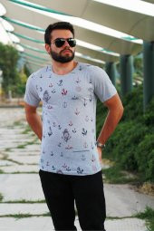 Erkek Gri Slim Fit Büyük Çapa Desenli Kısa Kollu Tişört 20ETSHBCAP - 1