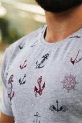 Erkek Gri Slim Fit Büyük Çapa Desenli Kısa Kollu Tişört 20ETSHBCAP - 3