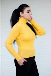 Hardal Tam Balıkçı Yaka Fitilli Triko Kadın Kazak 20KKZKBALK - 1