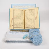 Şal + Seccade + Tesbih + Kuran Hediye Seti (Orta B. Şems Lafzatullah Gold Pleksi Raşel Kutu, B.Mavi) thumbnail 4