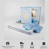 Şal + Seccade + Tesbih + Kuran Hediye Seti (Orta B. Şems Lafzatullah Gold Pleksi Raşel Kutu, B.Mavi) thumbnail 1