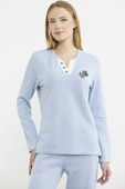 Fitilli Yaka Detaylı Pijama Takım - Mavi - 4
