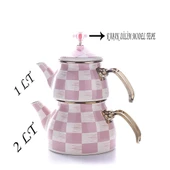 Emaye Çaydanlık Kızartma Tenceresi 3lü Saklama Seti Pembe Dama Desen - 2