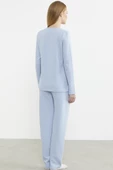 Fitilli Yaka Detaylı Pijama Takım - Mavi - 6