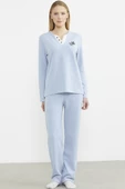 Fitilli Yaka Detaylı Pijama Takım - Mavi - 1