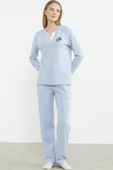 Fitilli Yaka Detaylı Pijama Takım - Mavi - 3