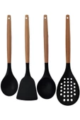 Selenica Silikon Bambu Saplı 4 Parça Mutfak Servis Seti Kaşık, Spatula, Kepçe, Kevgir - 3