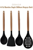 Selenica Silikon Bambu Saplı 4 Parça Mutfak Servis Seti Kaşık, Spatula, Kepçe, Kevgir - 1