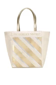 Victoria's Secret VS Krem Gold Çizgi Desenli Kanvas Tote Omuz Çantası - 1