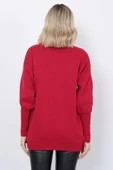 Kadın Triko Kazak Bisiklet Yaka Yaprak Desenli Kolu Taşlı Oversize Kırmızı thumbnail 14