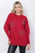 Kadın Triko Kazak Bisiklet Yaka Yaprak Desenli Kolu Taşlı Oversize Kırmızı thumbnail 15