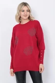 Kadın Triko Kazak Bisiklet Yaka Yaprak Desenli Kolu Taşlı Oversize Kırmızı thumbnail 13