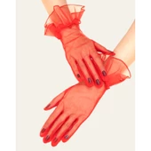 Periboia Kısa Boy Likralı Güpürlü Yetişkin Tül Eldiven Kırmızı Renk - 3