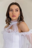Dipmoda kadın beyaz tül mini abiye elbise DPSWLL09 - 4
