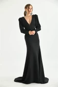 Dipmoda kadın siyah kemer ve dekolte detaylı uzun abiye elbise DPS9297 thumbnail 4