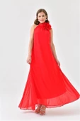 Dipmoda kadın kırmızı şifon gül detaylı uzun abiye elbise DPS9351 thumbnail 2