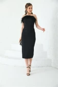 Dipmoda kadın siyah tüy detaylı straplez abiye elbise DPS003 - 3