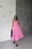 Dipmoda kadın pembe gipeli askılı poplin elbise DPG012 - 1